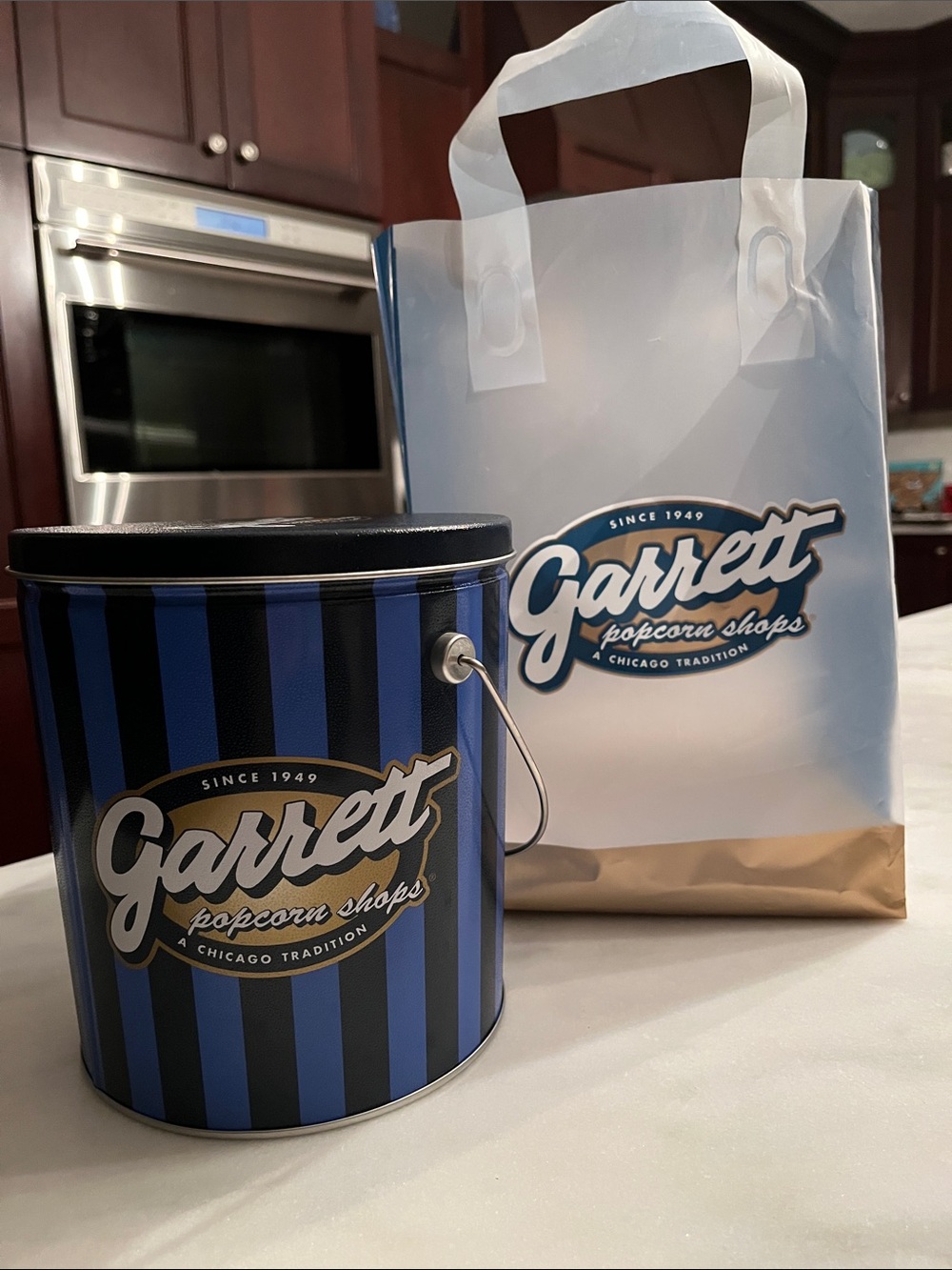 Garrett Popcorn Shops Tin and Shopping Bag - Blue & Black Stripe EMPTY